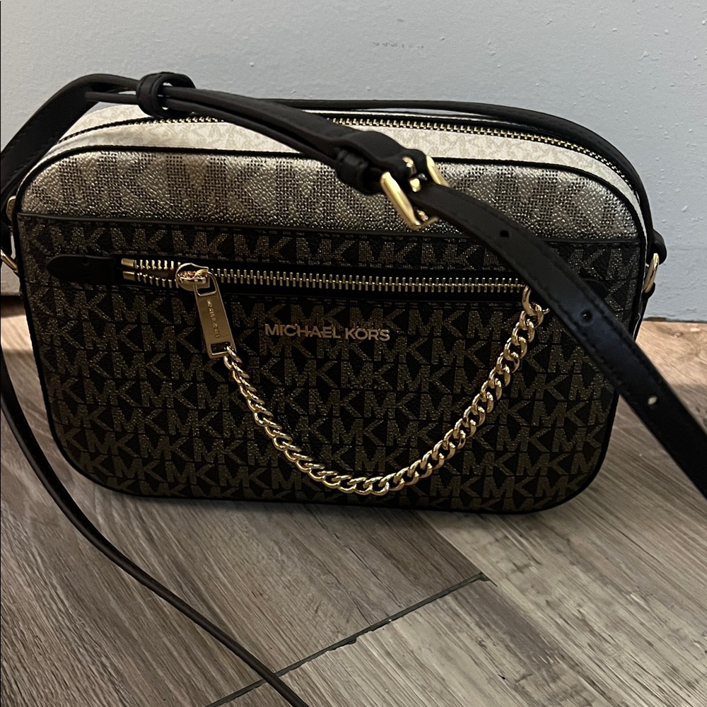 Michael Kors Black and Tan Crossbody Bag with Gold Accents - Picture 1 of 5